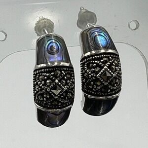 FAS Designer Abalone & Marcasite 925 J-Hoop Post Pierced Earrings 5.30g